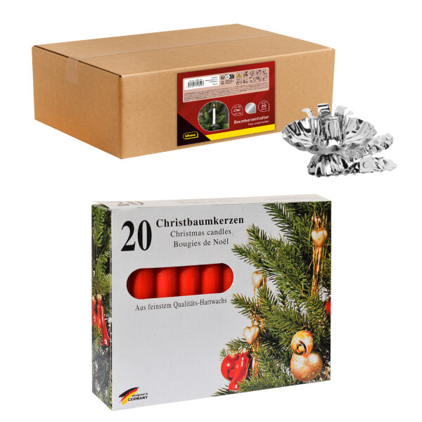 Set Baumkerzenhalter mit Clip, silber, 20 Stück & Baumkerzen, rot, 13 x 100 mm, 20 Stück