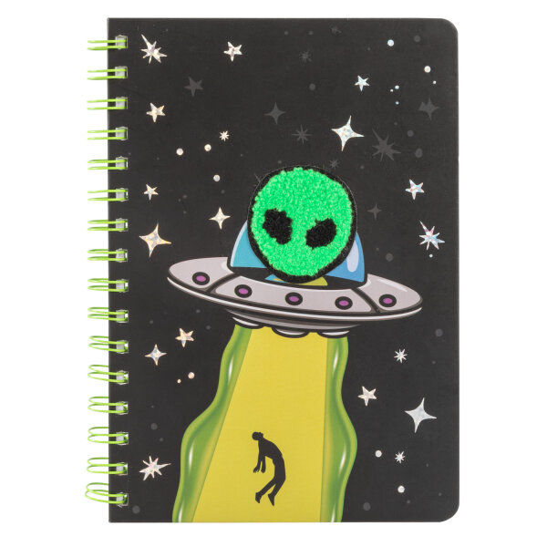 Spiralnotizbuch Alien - kariert, 160 Seiten, 80 g/m², DIN A5, mit Plüschapplikationen