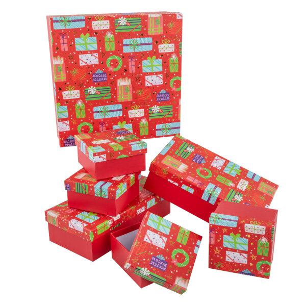 Geschenkboxen Set - Geschenke, rot, 1x  28 x 28 x 8 cm, 2x 26 x 14 x 7 cm, 4 x 11 x 11 x 6 cm, 7 Teile