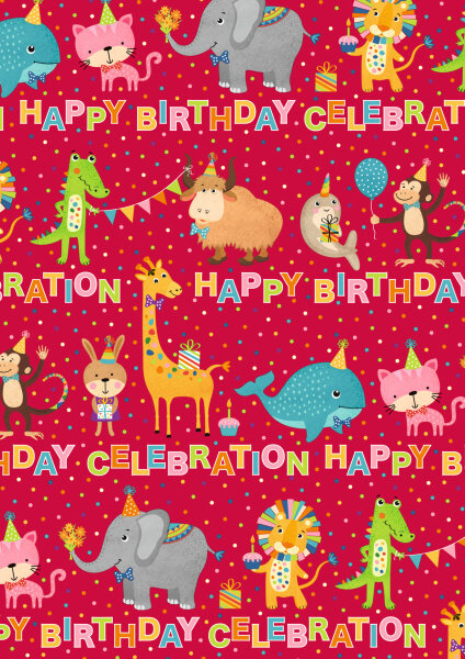 Geschenkpapier - Happy Birthday Celebration Tiere, 70 cm x 2 m