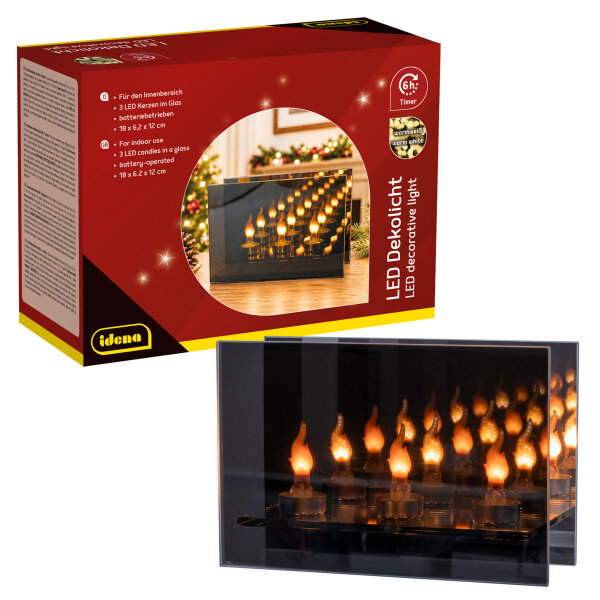 Idena LED Dekolicht - 3 Kerzen, im Glas, dunkelbraun, 18 x 6.2 x 12 cm