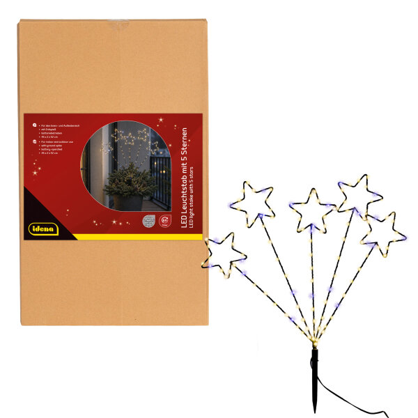 Idena LED Leuchtstab - 5 Sterne, schwarz, 45/52 cm, Metall, warmweiß/weiß, funkelnd, 6h Timer, Innen/Außen
