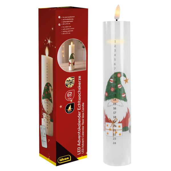 Idena LED Adventskalender - Echtwachskerze, Flackerlicht, weiß, Ø5 x 27 cm, 6h Timer, Fernbedienung