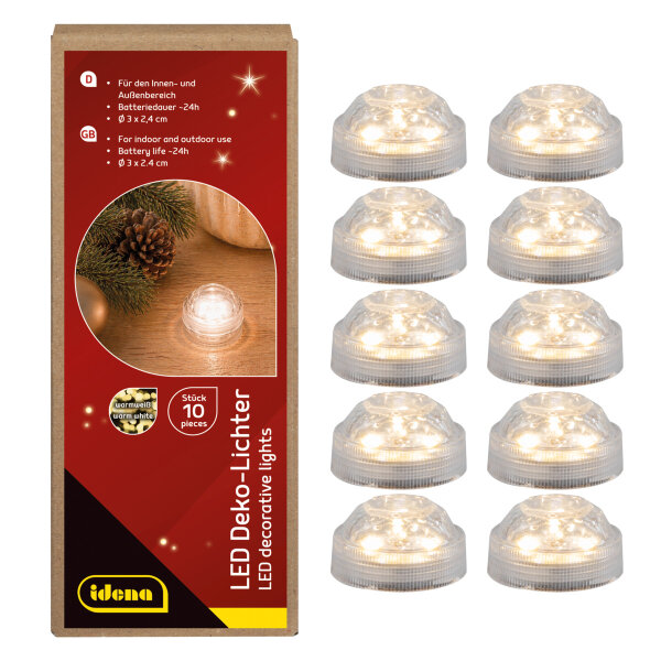 Idena Deko Lichter - 3 LED, warmweiß, wasserfest, silber, Ø3 x 2,4 cm, 10 Stück, Teelichter, batteriebetrieben