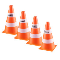 Vier orange-weiße Pylonen mit einer Größe von 24 x 13,5 cm für Baustellen und Events