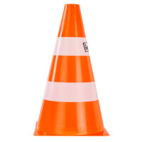 Vier orange-weiße Pylonen mit einer Größe von 24 x 13,5 cm für Baustellen und Events