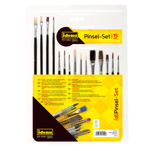 Pinsel-Set - FSC® 100 %, 15-teilig, mit Haar-, Borsten- und Aquarellpinsel