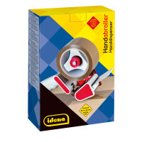 Packband Abroller inklusive 1 Rolle Packband in Weiß mit stabilem Metallgehäuse und praktischem Griff