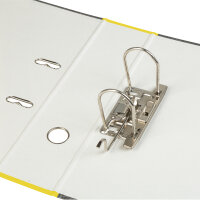 Gelber Wolkenmarmor-Ordner aus FSC-Mix für DIN A4 mit 8 cm Rückenbreite.