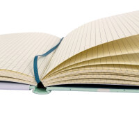 Notizbuch in Mint mit funkelden Details, karierte Blätter aus 100 g/m² FSC-Mix Papier