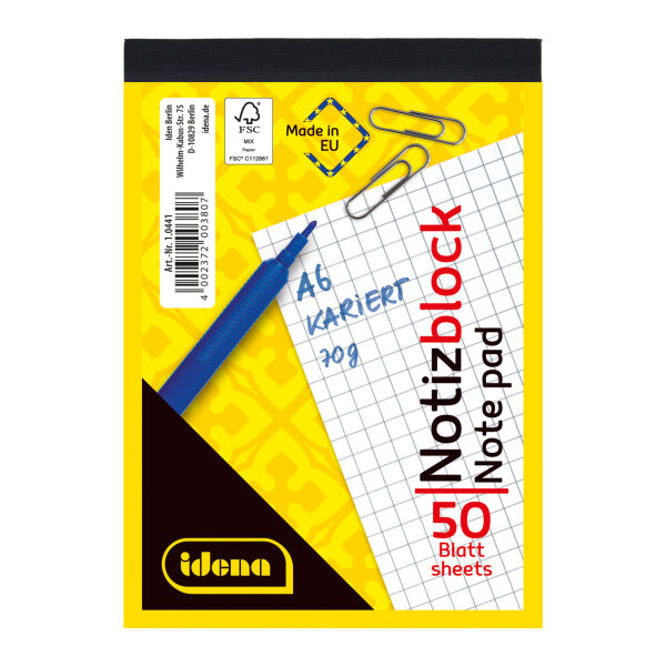 Notizblock im DIN A6-Format mit karierten Seiten, FSC-Mix-Zertifizierung und 50 Blatt zu je 70g/m²