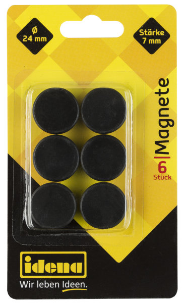 Magnete, 6 Stück, rund, 24 mm Durchmesser, 7 mm Stärke, schwarz