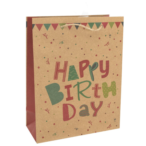 Geschenktasche Birthday in Größe M (23 x 18 x 8 cm) aus FSC-recyceltem Papier mit buntem Konfettimuster und goldenem Geschenkanhänger
