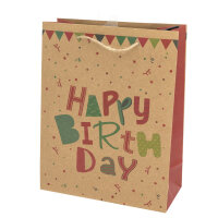 Geschenktasche Birthday in Größe M (23 x 18 x 8 cm) aus FSC-recyceltem Papier mit buntem Konfettimuster und goldenem Geschenkanhänger