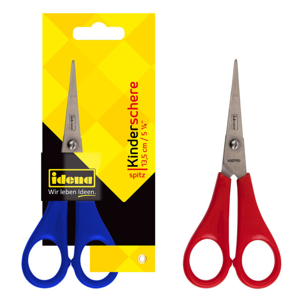 Rote Kinderschere mit spitzer Spitze, 13,5 cm lang, ideal für Rechtshänder.