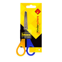 Blaue und gelbe Rundschere für Linkshänder mit 5 1/4 Zoll Länge und abgerundeten Spitzen.