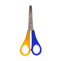 Blaue und gelbe Rundschere für Linkshänder mit 5 1/4 Zoll Länge und abgerundeten Spitzen.