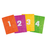 Set aus vier Hüpfsäcken in verschiedenen Farben mit Start- und Zielband für lustige Wettrennen im Garten oder auf dem Spielplatz