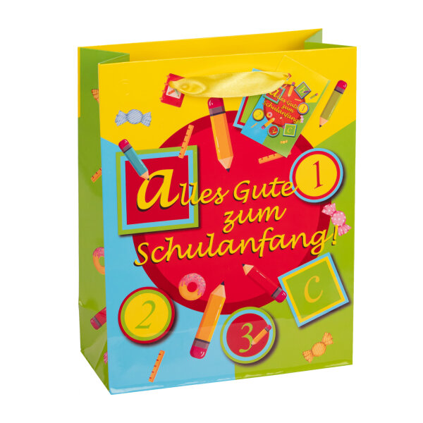 Bunte Geschenktasche zum Schulanfang in den Maßen 23 x 18 x 8 cm aus FSC-Mix Material