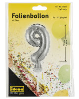 Folienballon &quot;9&quot; mit Stab, 13 cm, f&uuml;r Luft geeignet, silber