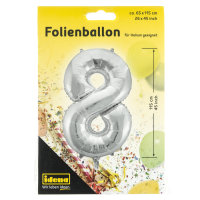Folienballon &quot;8&quot;, 65 x 115 cm, f&uuml;r Helium geeignet, silber