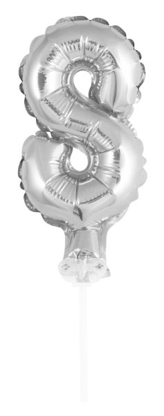 Folienballon "8" mit Stab, 13 cm, für Luft geeignet, silber