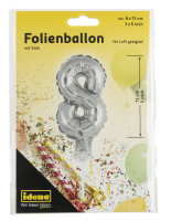 Folienballon &quot;8&quot; mit Stab, 13 cm, f&uuml;r Luft geeignet, silber