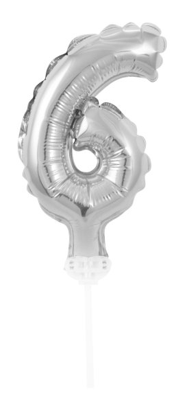 Folienballon "6" mit Stab, 13 cm, für Luft geeignet, silber