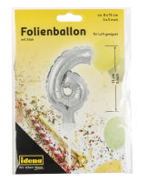 Folienballon "6" mit Stab, 13 cm, für Luft...
