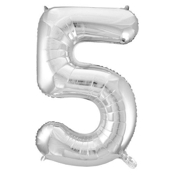Folienballon "5", 60 x 110 cm, für Helium geeignet, silber