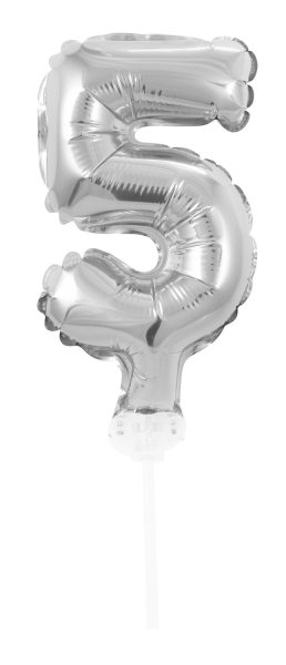 Folienballon "5" mit Stab, 13 cm, für Luft geeignet, silber