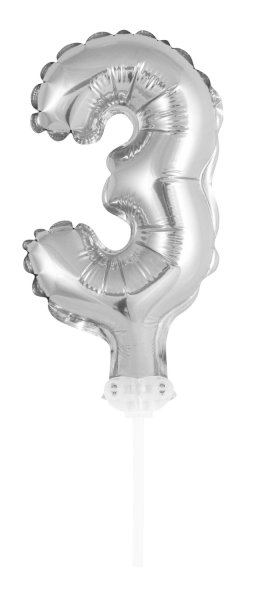 Folienballon "3" mit Stab, 13 cm, für Luft geeignet, silber