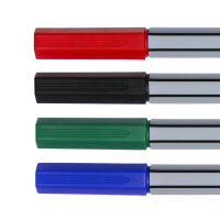 Vier Fineliner in Schwarz, Blau, Rot und Grün mit einer Strichstärke von 0.4 mm für präzises Schreiben und Zeichnen.