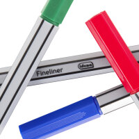 Vier Fineliner in Schwarz, Blau, Rot und Grün mit einer Strichstärke von 0.4 mm für präzises Schreiben und Zeichnen.