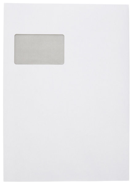 Faltentaschen C4, FSC® Mix, 100 Stück, 120 g/m², 2 cm Boden, mit Fenster, haftklebend, weiß